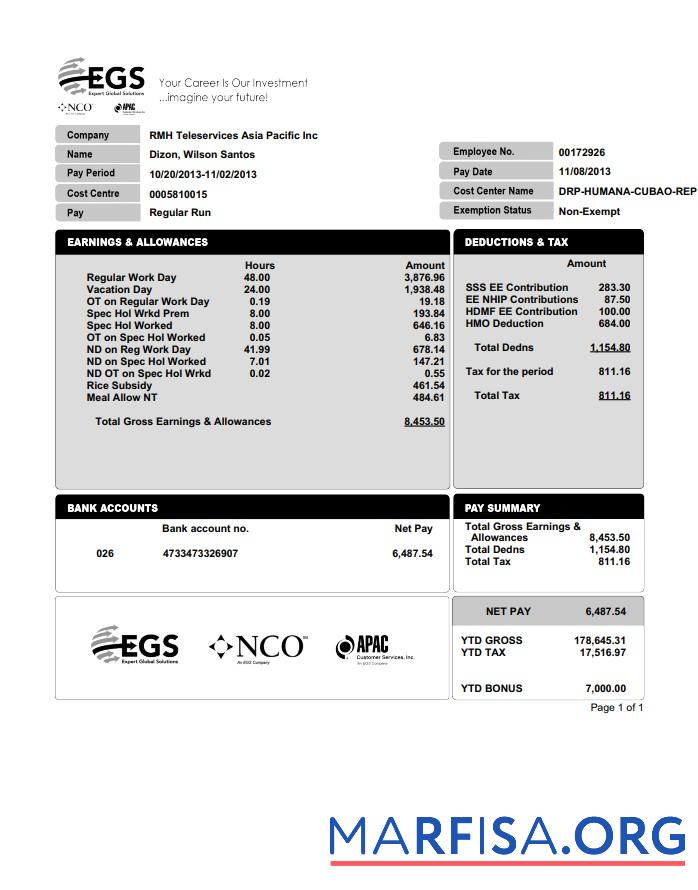 Downloadable Expert global solutions company pay stub sample